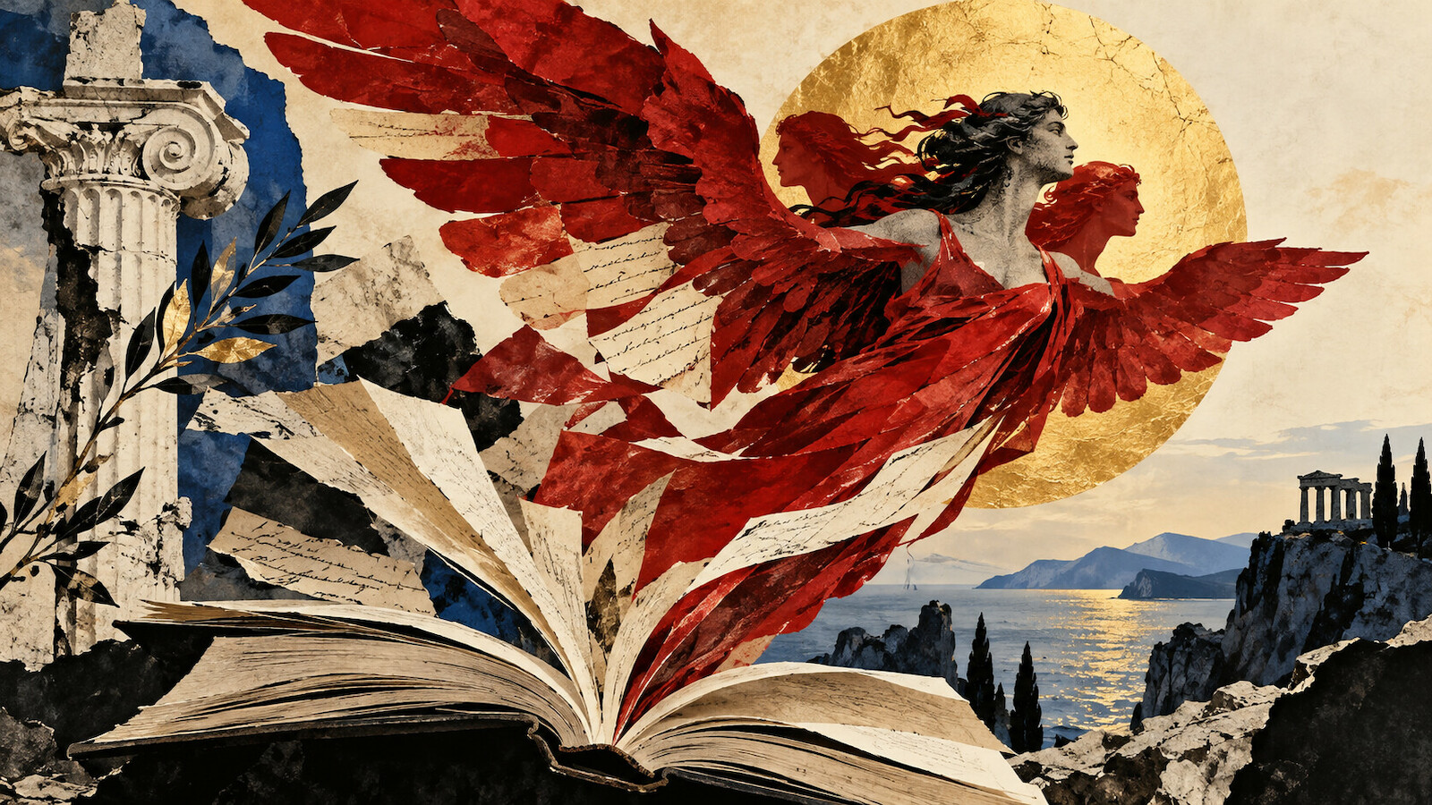 Livre ouvert avec ailes rouges et fragments de colonnes grecques
