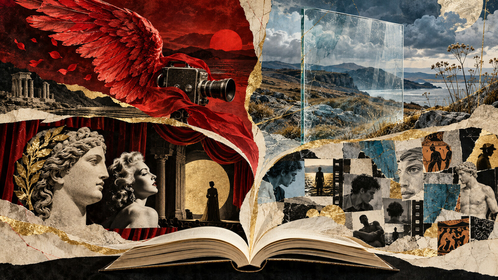 Livre ouvert reliant aile rouge, lande, théâtre et mosaïque