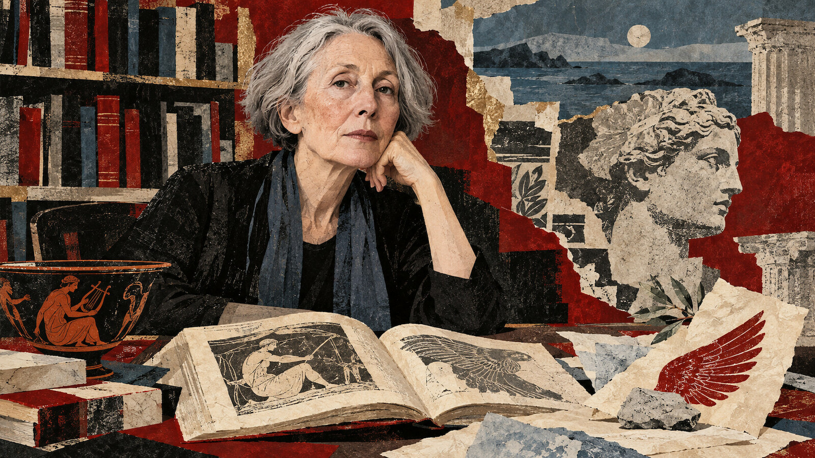 Portrait illustré de la poète Anne Carson entourée de livres et de motifs grecs